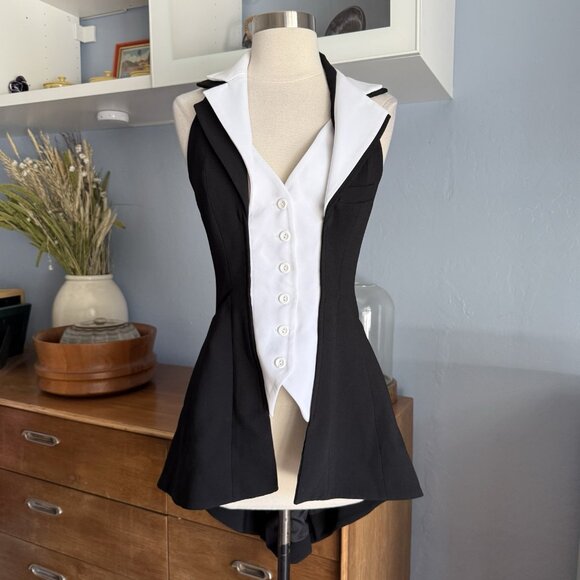 Anne Fontaine Halter Lace-Up Back Corset Vest Top Black White - Picture 1 of 10
